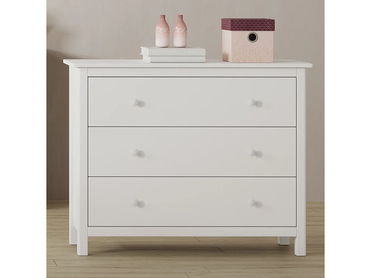 Commode enfant 3 tiroirs en bois massif blanc 100 cm - Melvin