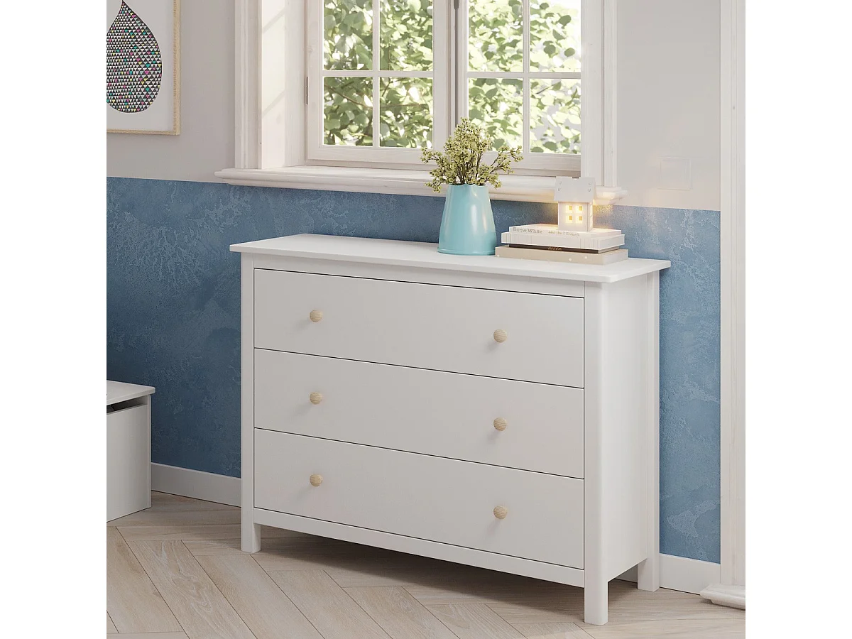Commode enfant 3 tiroirs en bois massif blanc 100 cm - Melvin