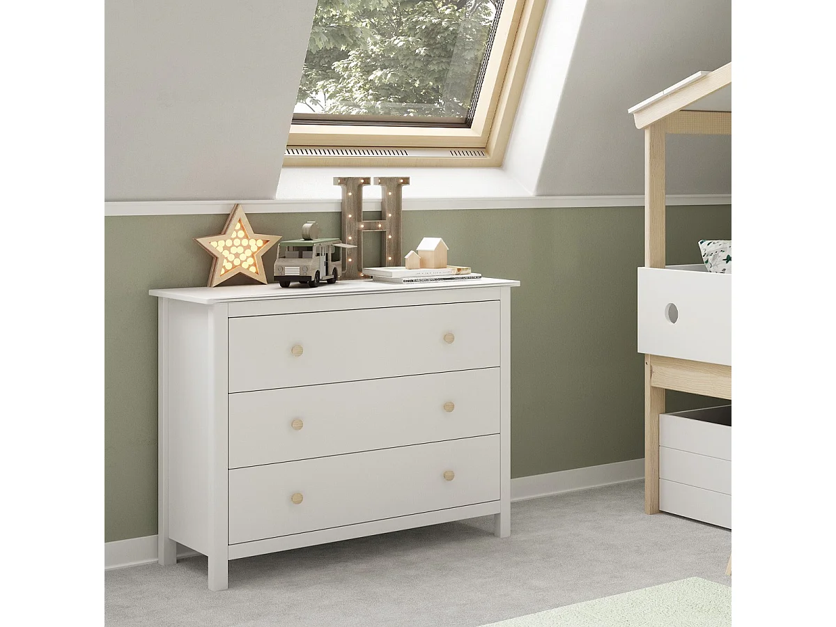 Commode enfant 3 tiroirs en bois massif blanc 100 cm - Melvin
