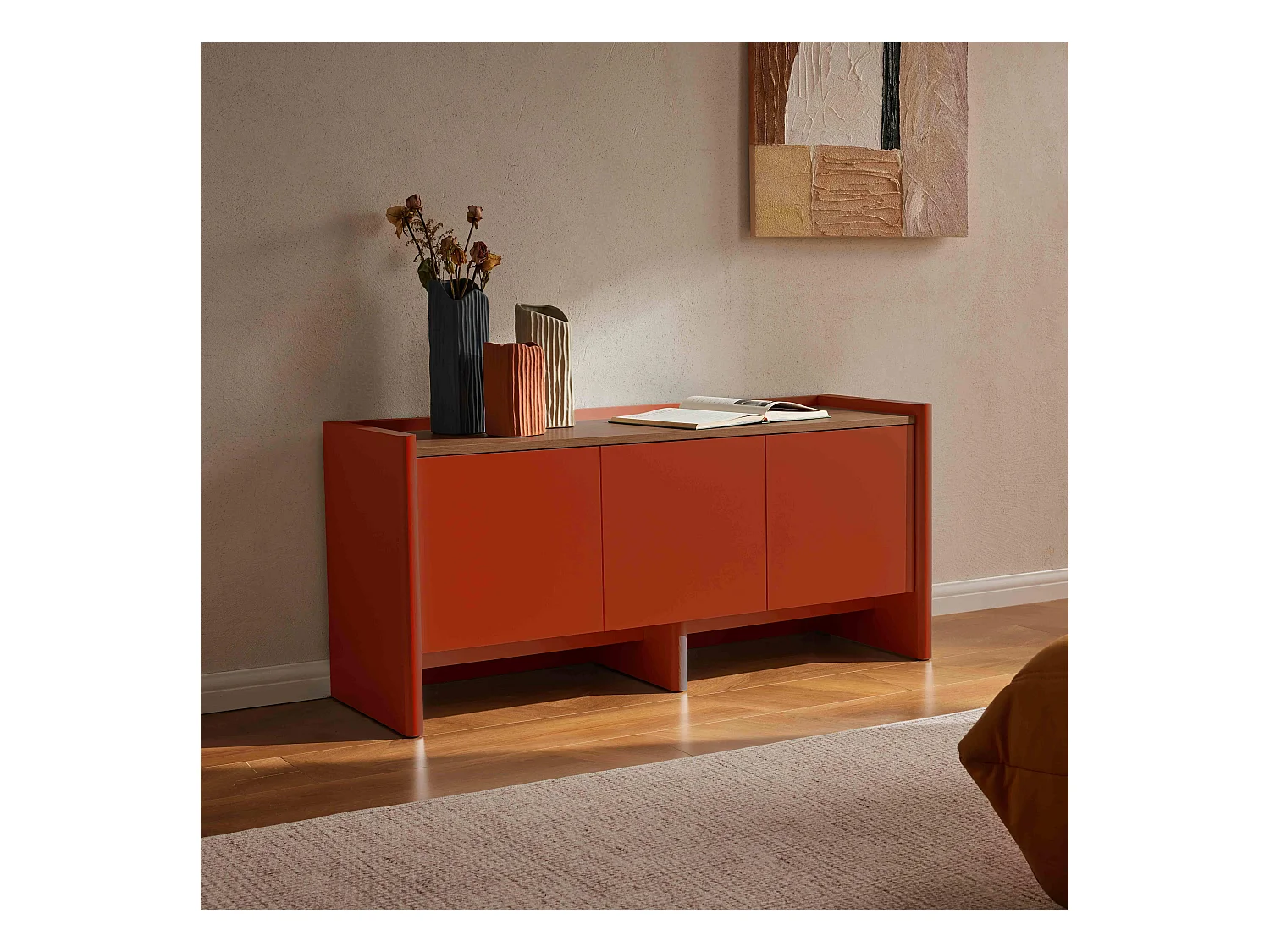 Meuble TV uni rétro rectangulaire L120 cm orange