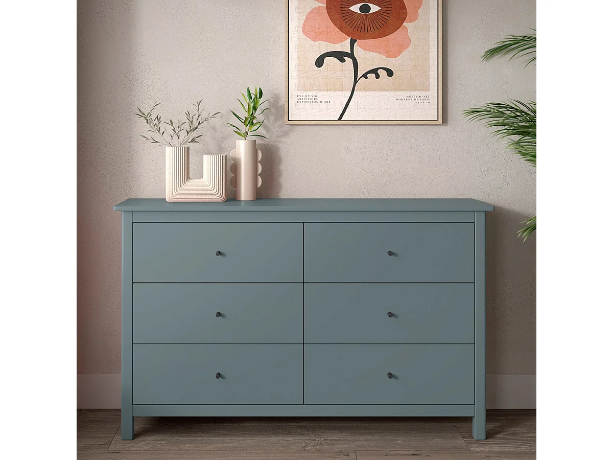 Commode 6 tiroirs en bois massif vert kaki 130 cm - Macha