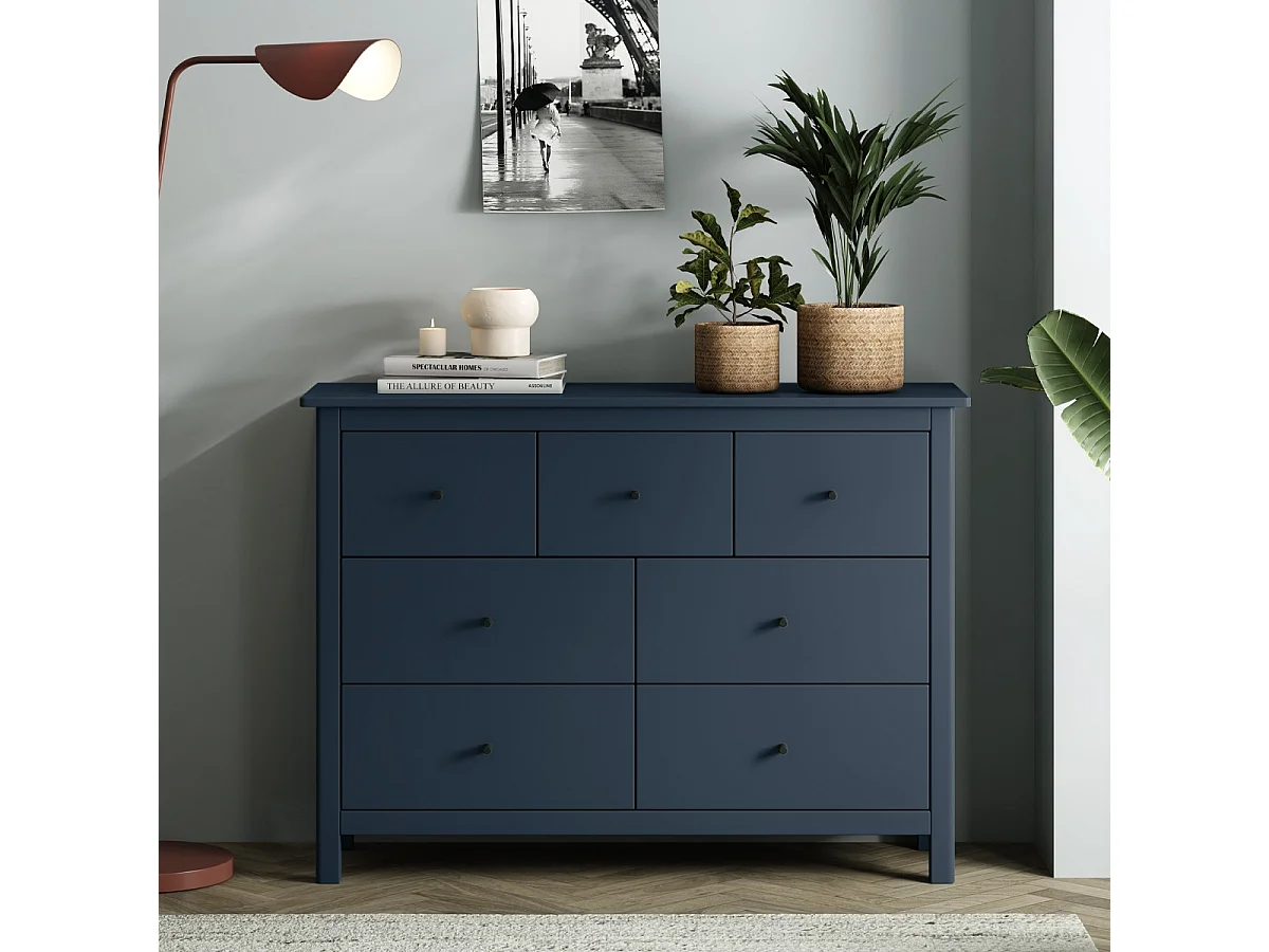 Commode 7 tiroirs en bois massif bleu foncé 110 cm - Macha