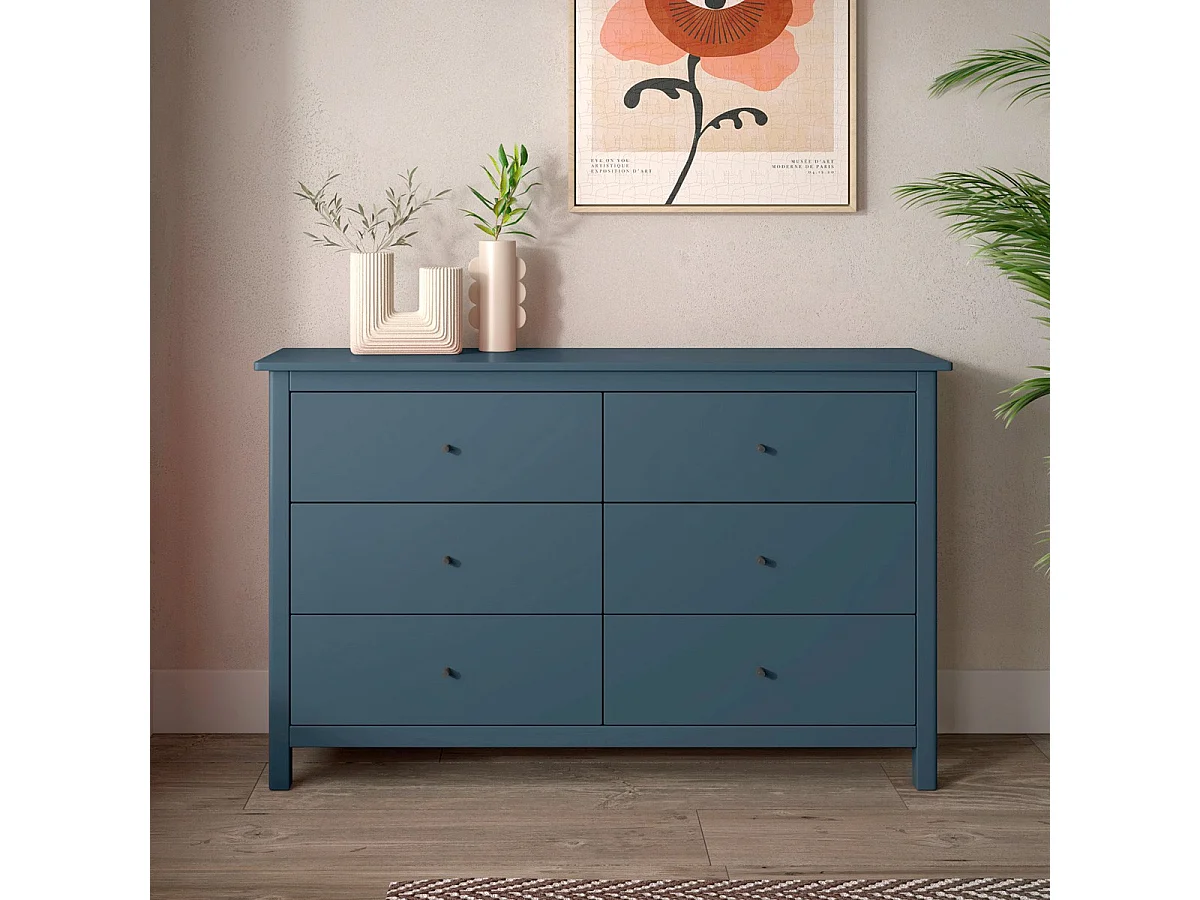 Commode 6 tiroirs en bois massif bleu foncé 130 cm - Macha