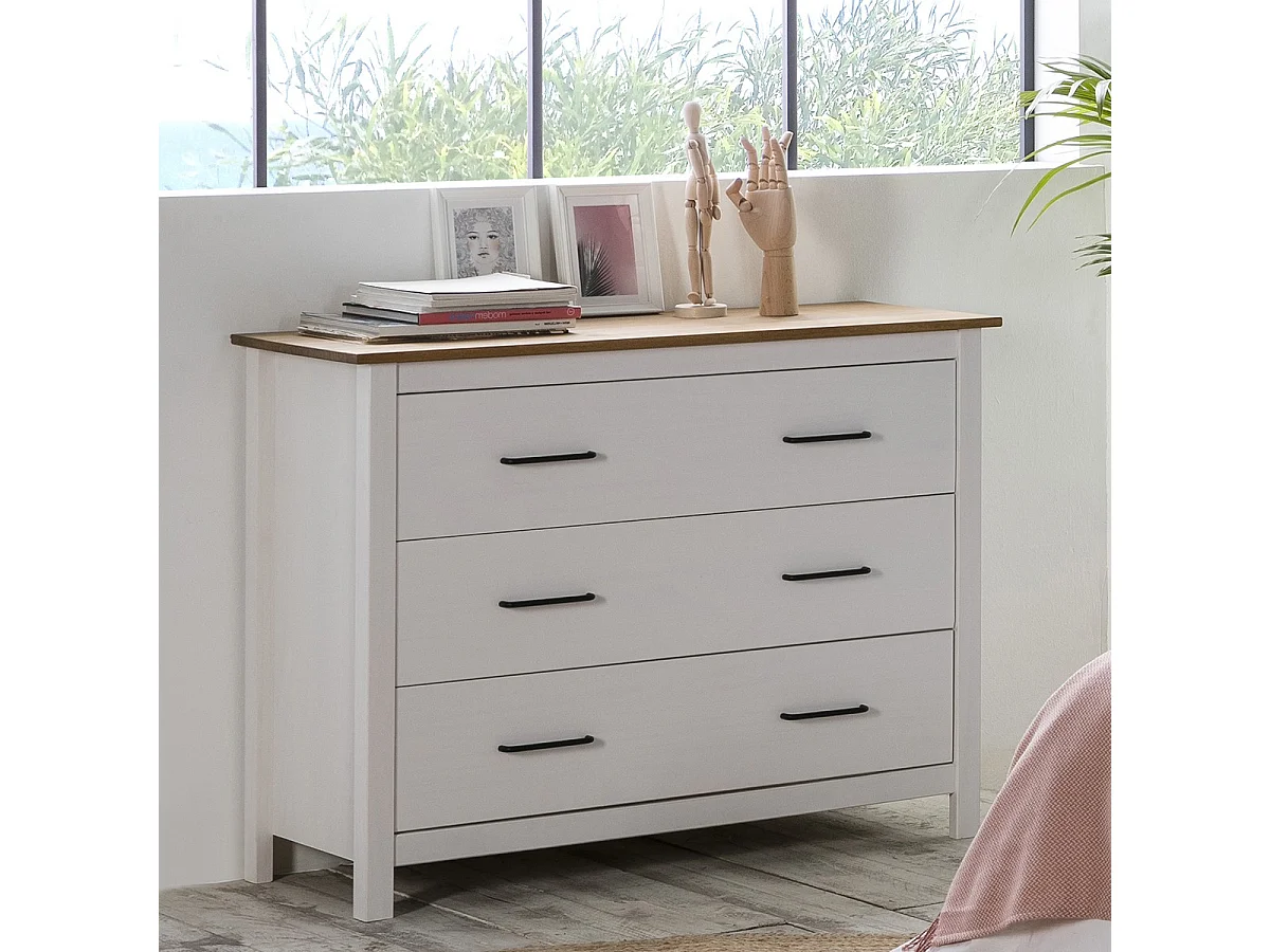 Commode 3 tiroirs en bois massif blanc 100 cm - Ida