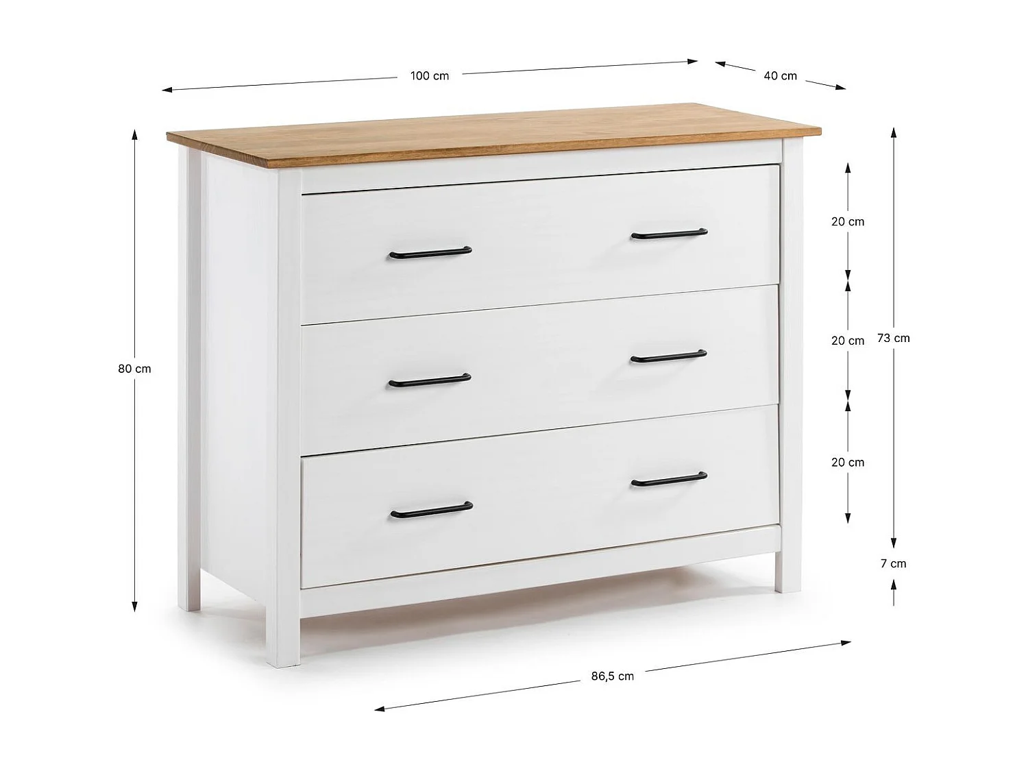 Commode 3 tiroirs en bois massif blanc 100 cm - Ida