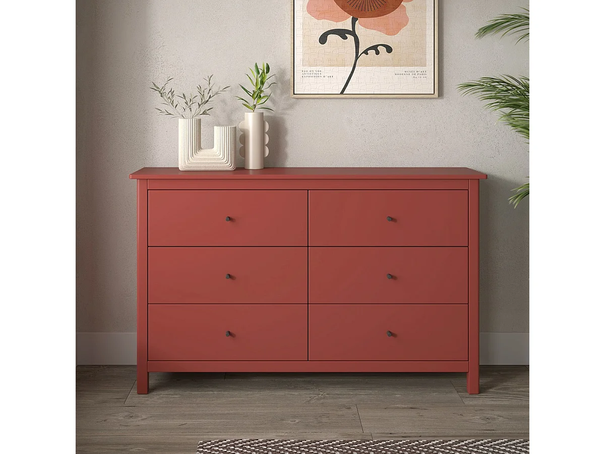 Commode 6 tiroirs en bois massif rouge 130 cm - Macha