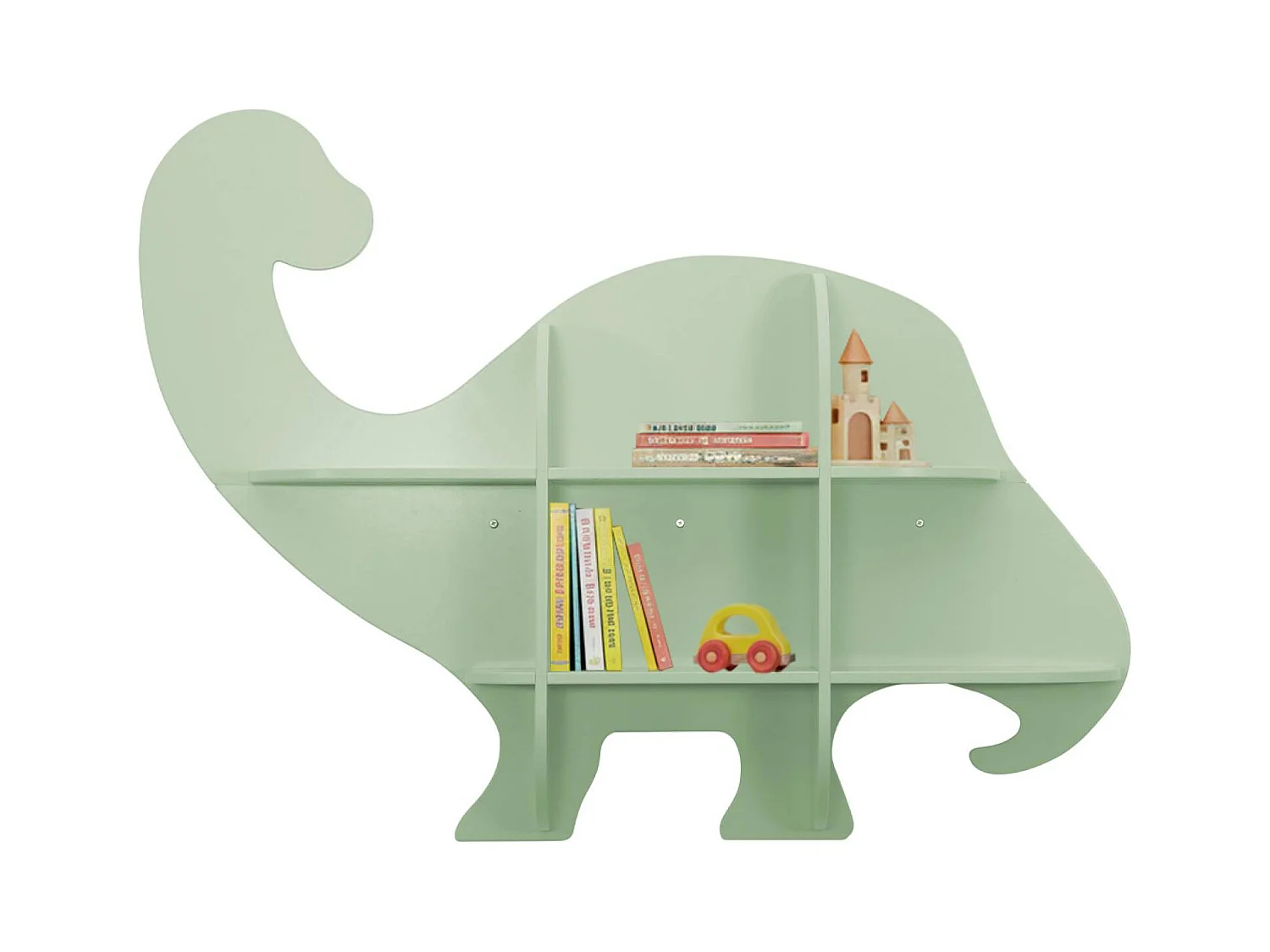 Etagère murale dinosaure 5 espaces de rangement vert - L 108 x P 16.5 x H 78.5 cm - Brachi
