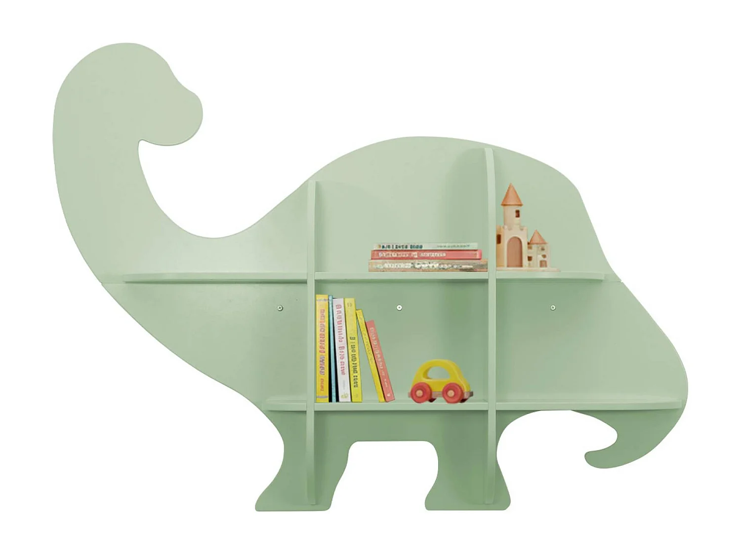 Etagère murale dinosaure 5 espaces de rangement vert - L 108 x P 16.5 x H 78.5 cm - Brachi