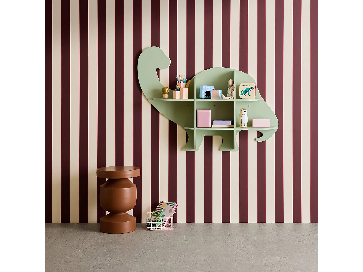 Etagère murale dinosaure 5 espaces de rangement vert - L 108 x P 16.5 x H 78.5 cm - Brachi