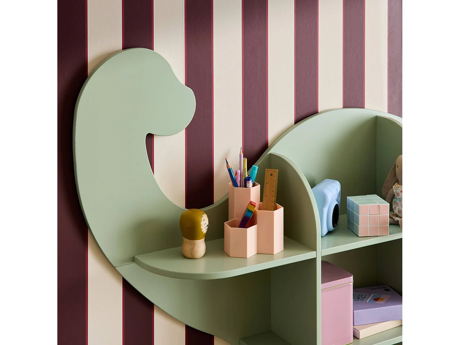 Etagère murale dinosaure 5 espaces de rangement vert - L 108 x P 16.5 x H 78.5 cm - Brachi