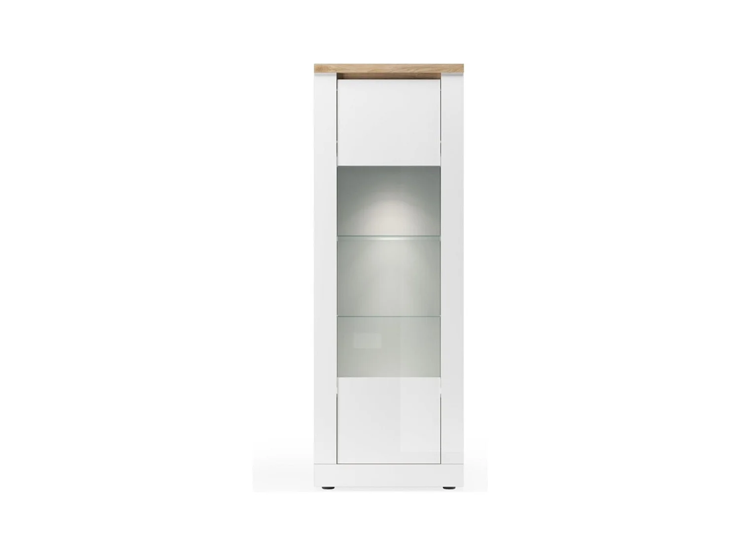 Vitrine SASHA – 1 porte et LED intégrée – Blanc laqué et Chêne Cadiz
