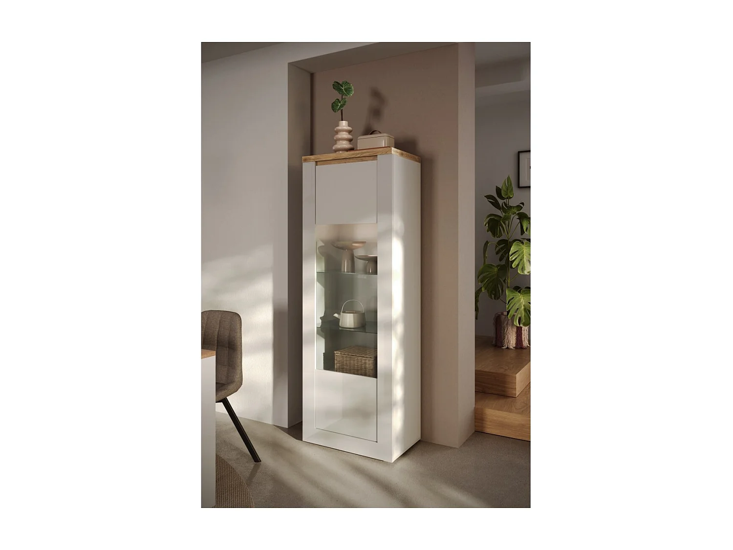 Vitrine SASHA – 1 porte et LED intégrée – Blanc laqué et Chêne Cadiz