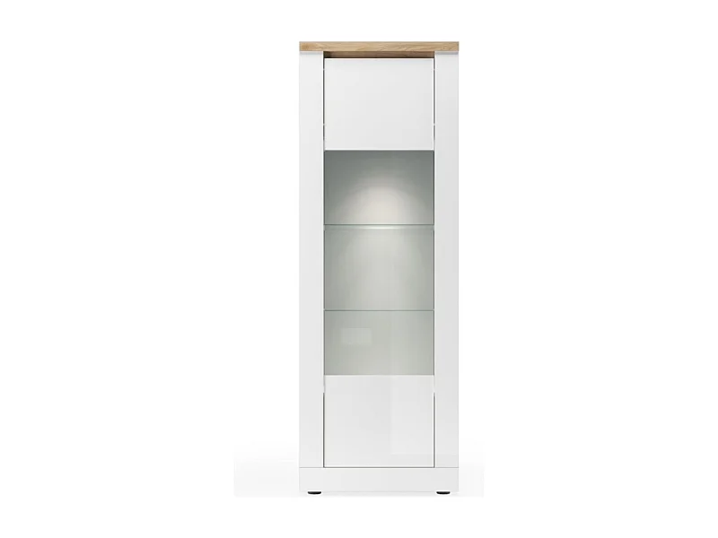 Vitrine SASHA – 1 porte et LED intégrée – Blanc laqué et Chêne Cadiz