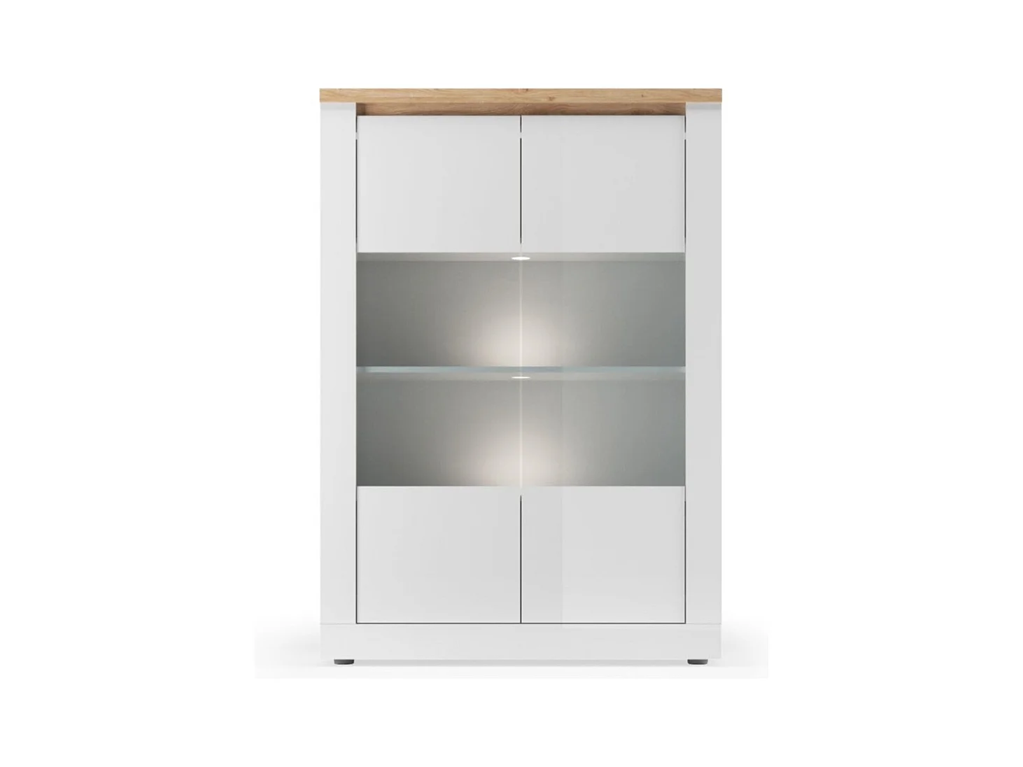 Vitrine SASHA – 2 portes vitrées +3 étagères avec LED intégrée – Blanc laqué et Chêne Cadiz