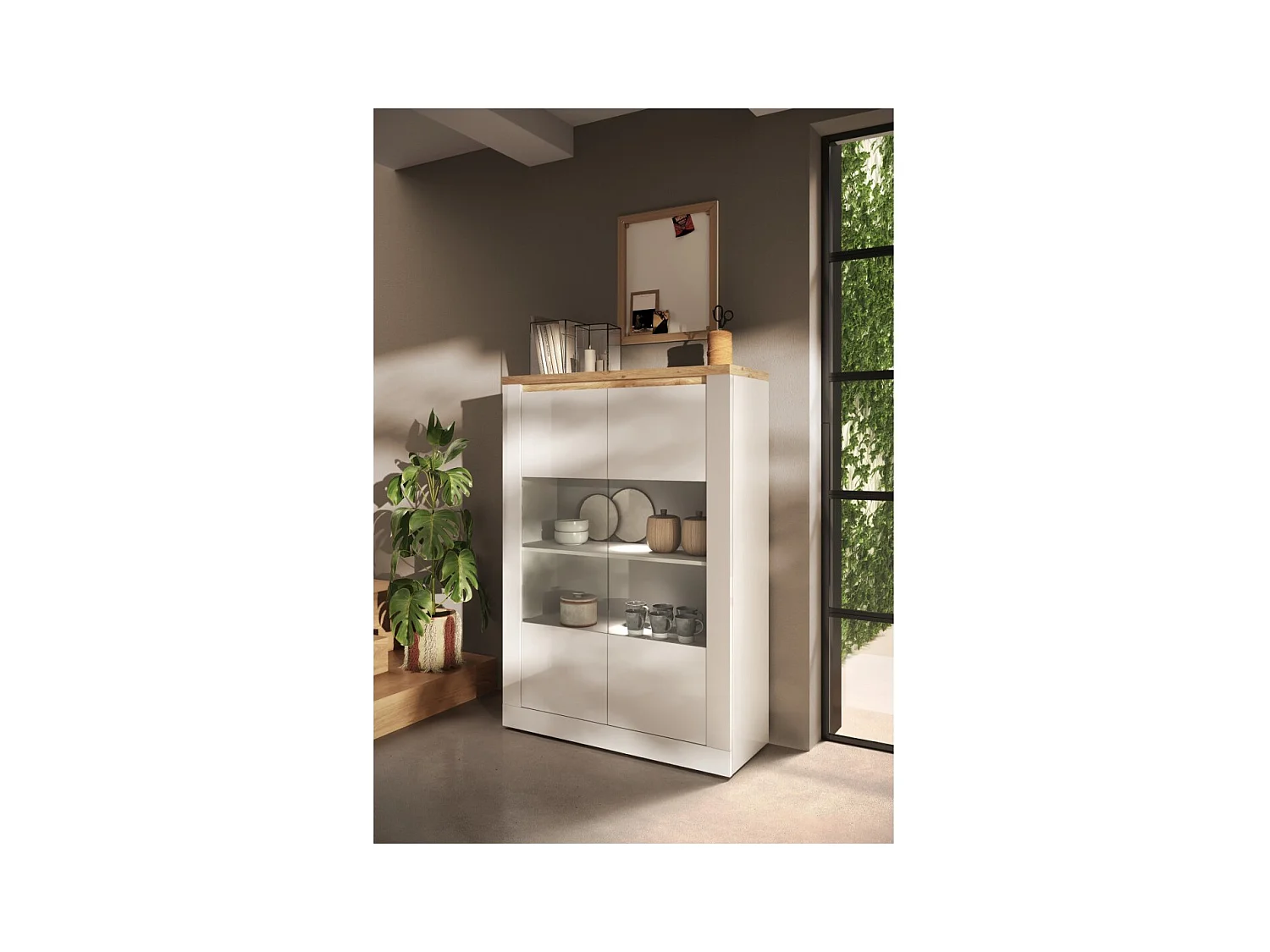 Vitrine SASHA – 2 portes vitrées +3 étagères avec LED intégrée – Blanc laqué et Chêne Cadiz