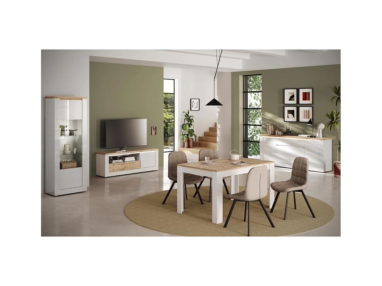 Vitrine SASHA – 2 portes vitrées +3 étagères avec LED intégrée – Blanc laqué et Chêne Cadiz