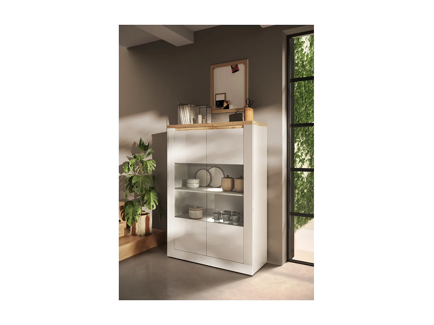 Vitrina SASHA – 2 puertas acristaladas +3 estantes con LED integrado – Blanco lacado y Roble Cadiz
