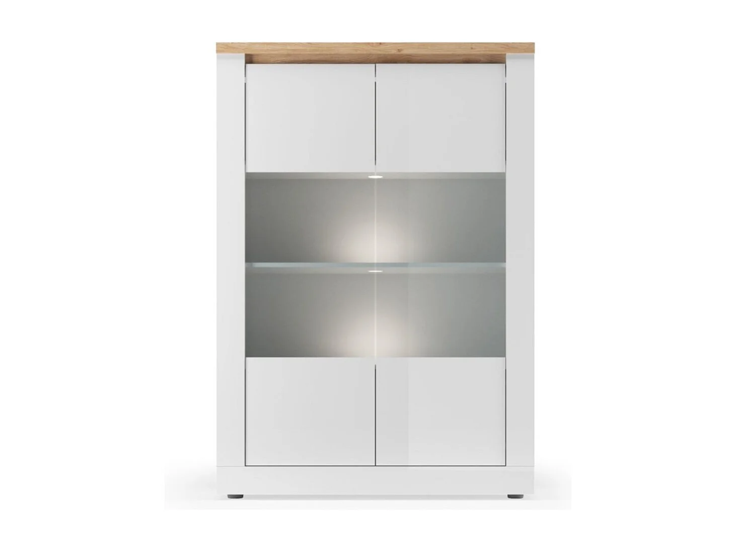 Vitrina SASHA – 2 puertas acristaladas +3 estantes con LED integrado – Blanco lacado y Roble Cadiz