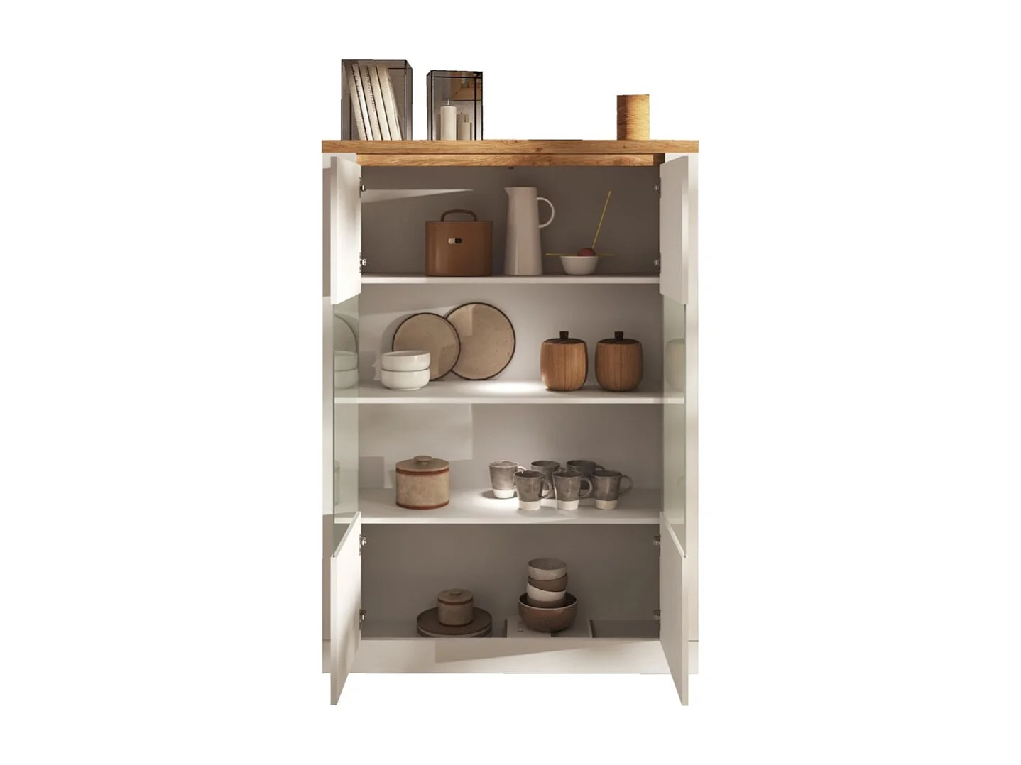 Vitrina SASHA – 2 puertas acristaladas +3 estantes con LED integrado – Blanco lacado y Roble Cadiz