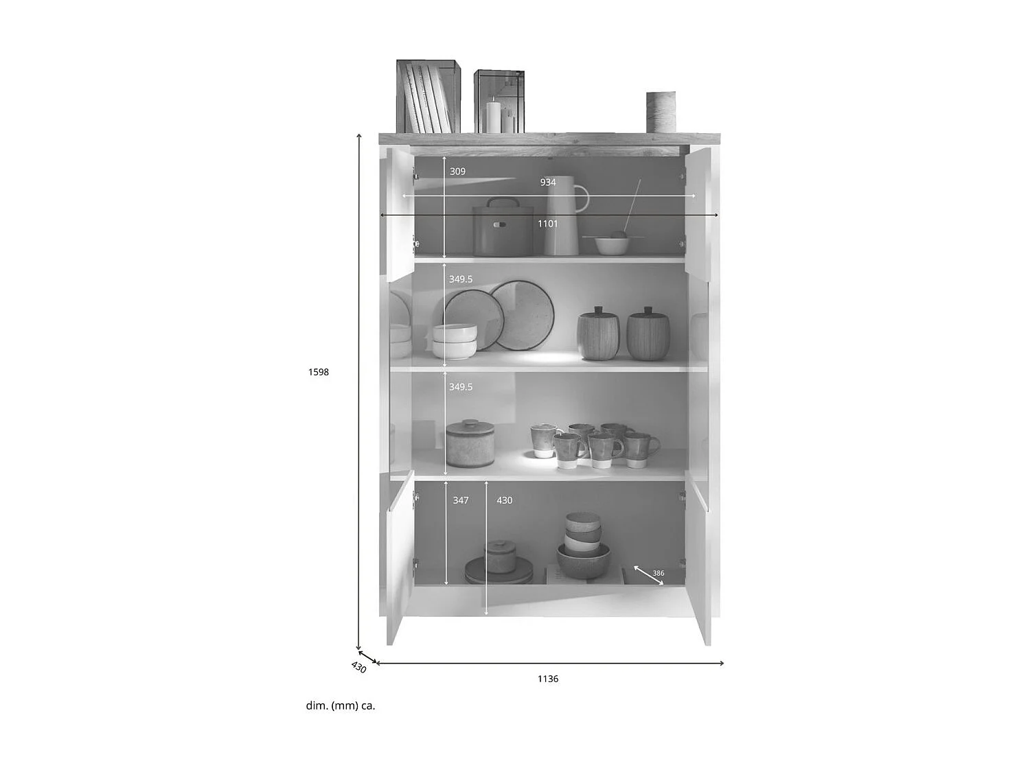 Vitrina SASHA – 2 puertas acristaladas +3 estantes con LED integrado – Blanco lacado y Roble Cadiz
