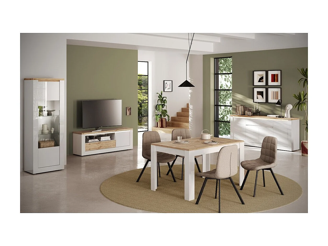 Vitrina SASHA – 2 puertas acristaladas +3 estantes con LED integrado – Blanco lacado y Roble Cadiz