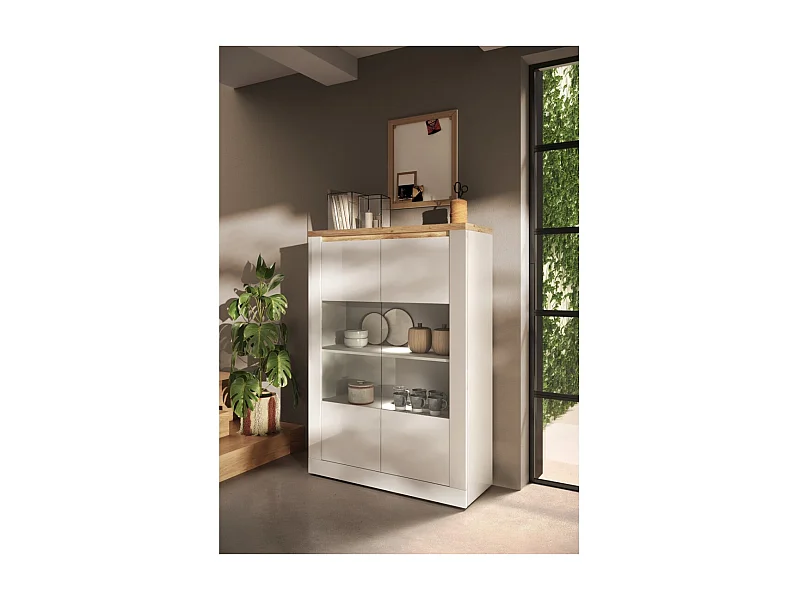 Vitrine SASHA – 2 portas envidraçadas +3 prateleiras com LED integrado – Branco laqueado e Carvalho Cadiz