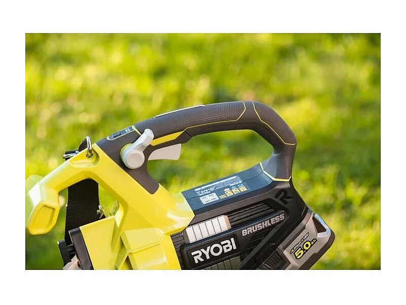 Soplador-Aspirador-Triturador RYOBI 2 en 1 Brushless 18V, 201 km/h, Trituración 10:1, Bolsa 45L, Turbo Boost