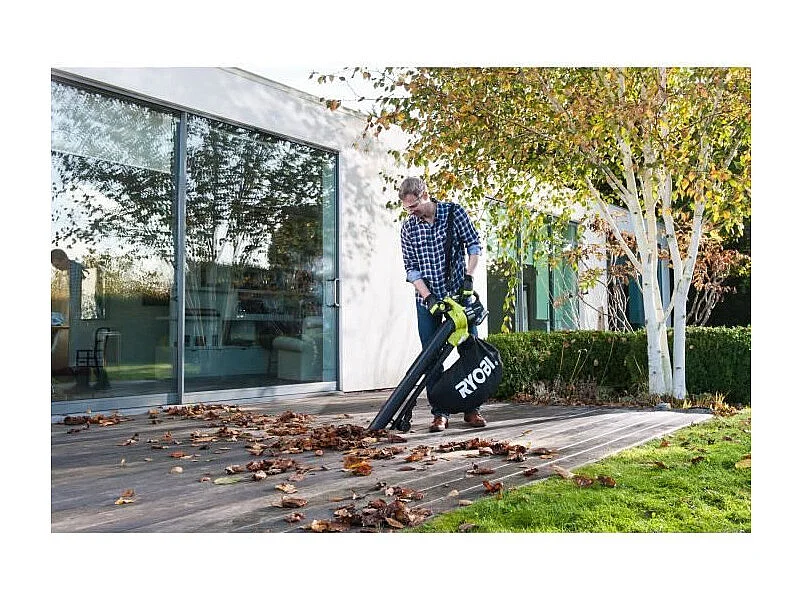Soplador-Aspirador-Triturador RYOBI 2 en 1 Brushless 18V, 201 km/h, Trituración 10:1, Bolsa 45L, Turbo Boost