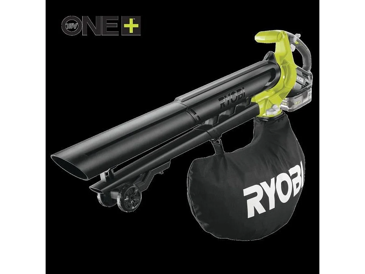 Soplador-Aspirador-Triturador RYOBI 2 en 1 Brushless 18V, 201 km/h, Trituración 10:1, Bolsa 45L, Turbo Boost