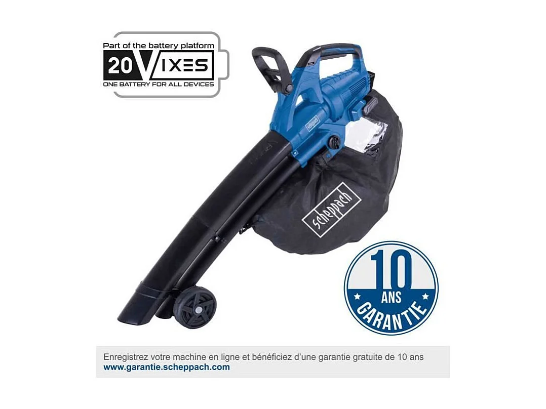 Souffleur/aspirateur de feuilles sans fil SCHEPPACH BC-BLV720-X 20V IXES - Débit 210km/h - 45L - sans batterie ni chargeur