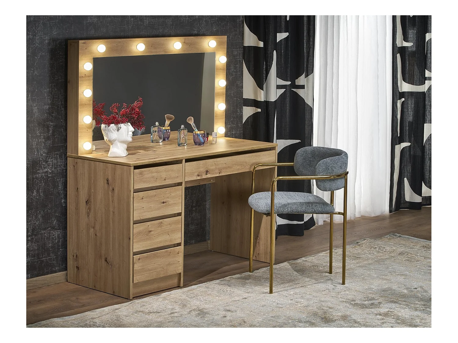 Coiffeuse Hollywood/LED/Maron-Artisan