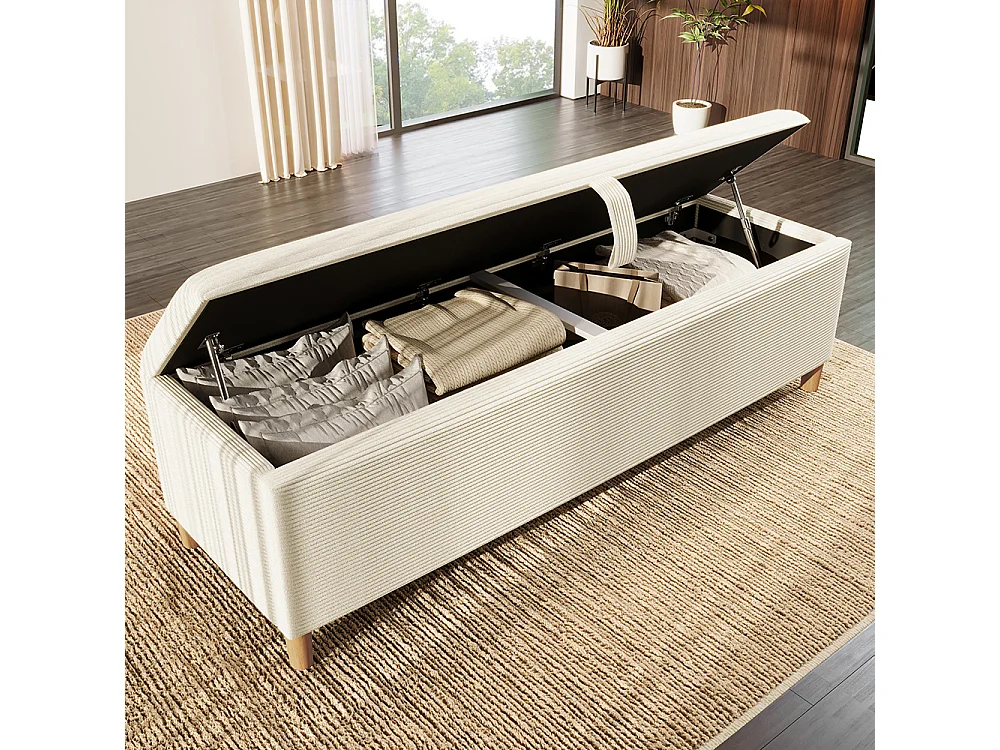 Banc lit rangement hydraulique coffre chambre salon couloir velours côtelé beige