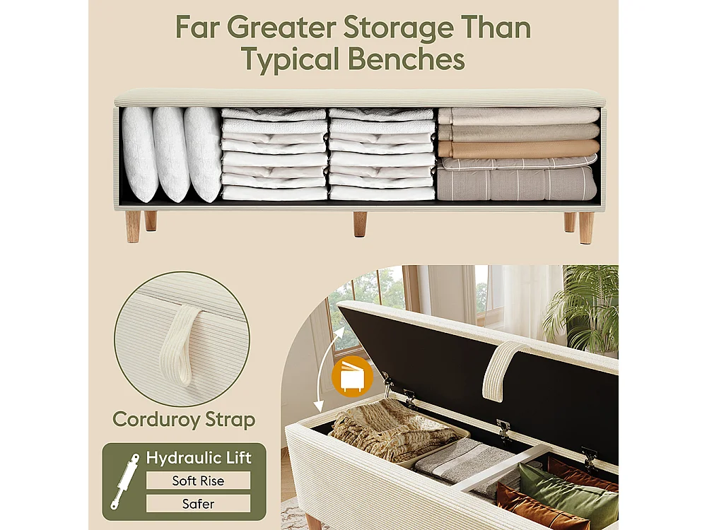 Banc lit rangement hydraulique boîte chambre salon couloir velours côtelé beige