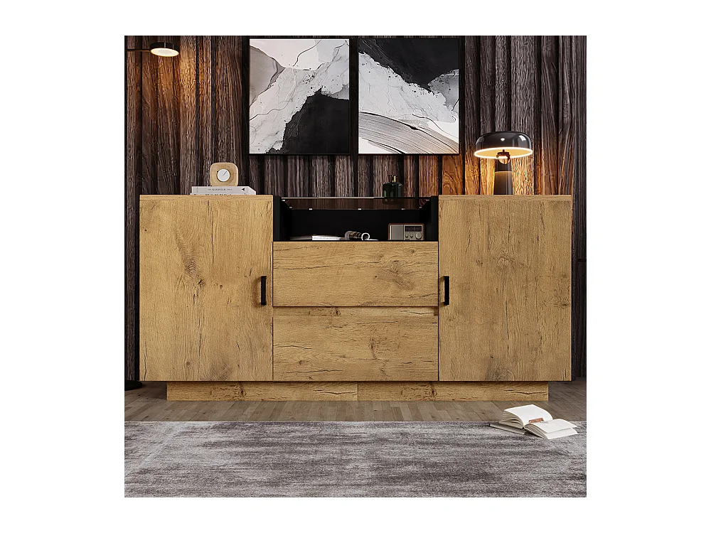Buffet chêne 2 tiroirs 2 armoires réglables hauteur compartiment ouvert verre ESG poignées noires