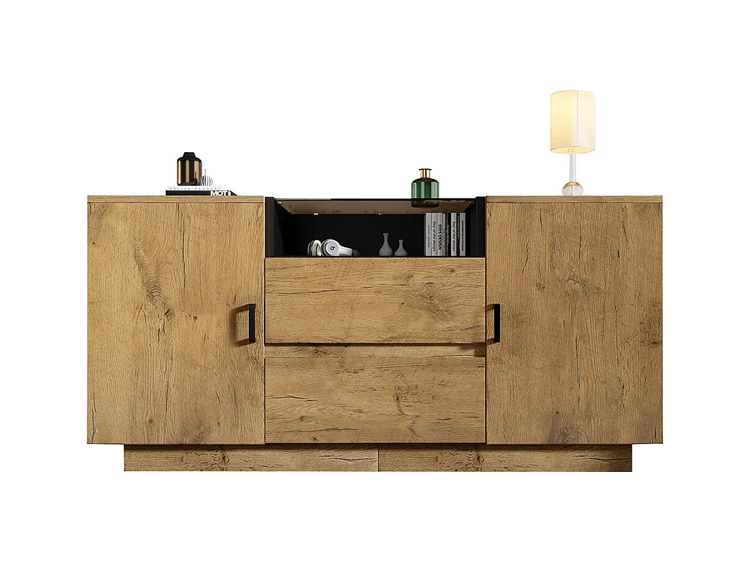 Buffet chêne 2 tiroirs 2 armoires réglables hauteur compartiment ouvert verre ESG poignées noires