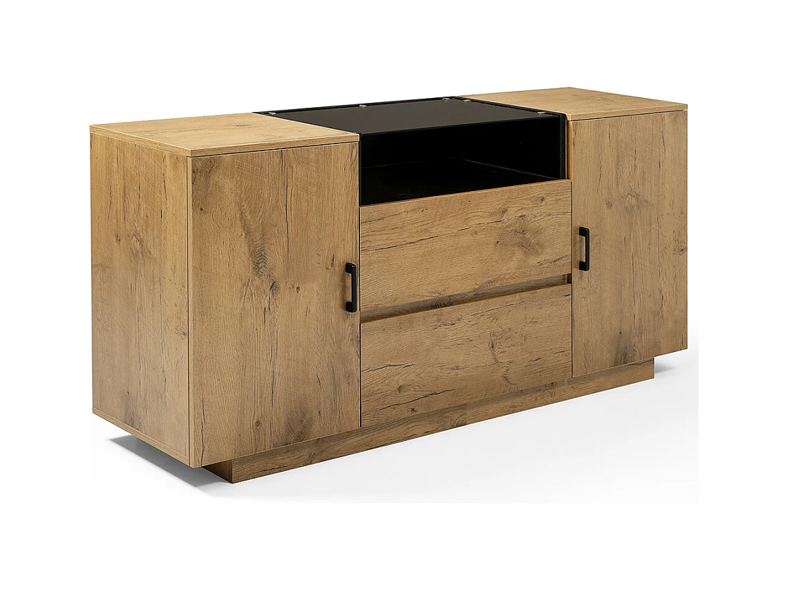 Buffet chêne 2 tiroirs 2 armoires réglables hauteur compartiment ouvert verre ESG poignées noires