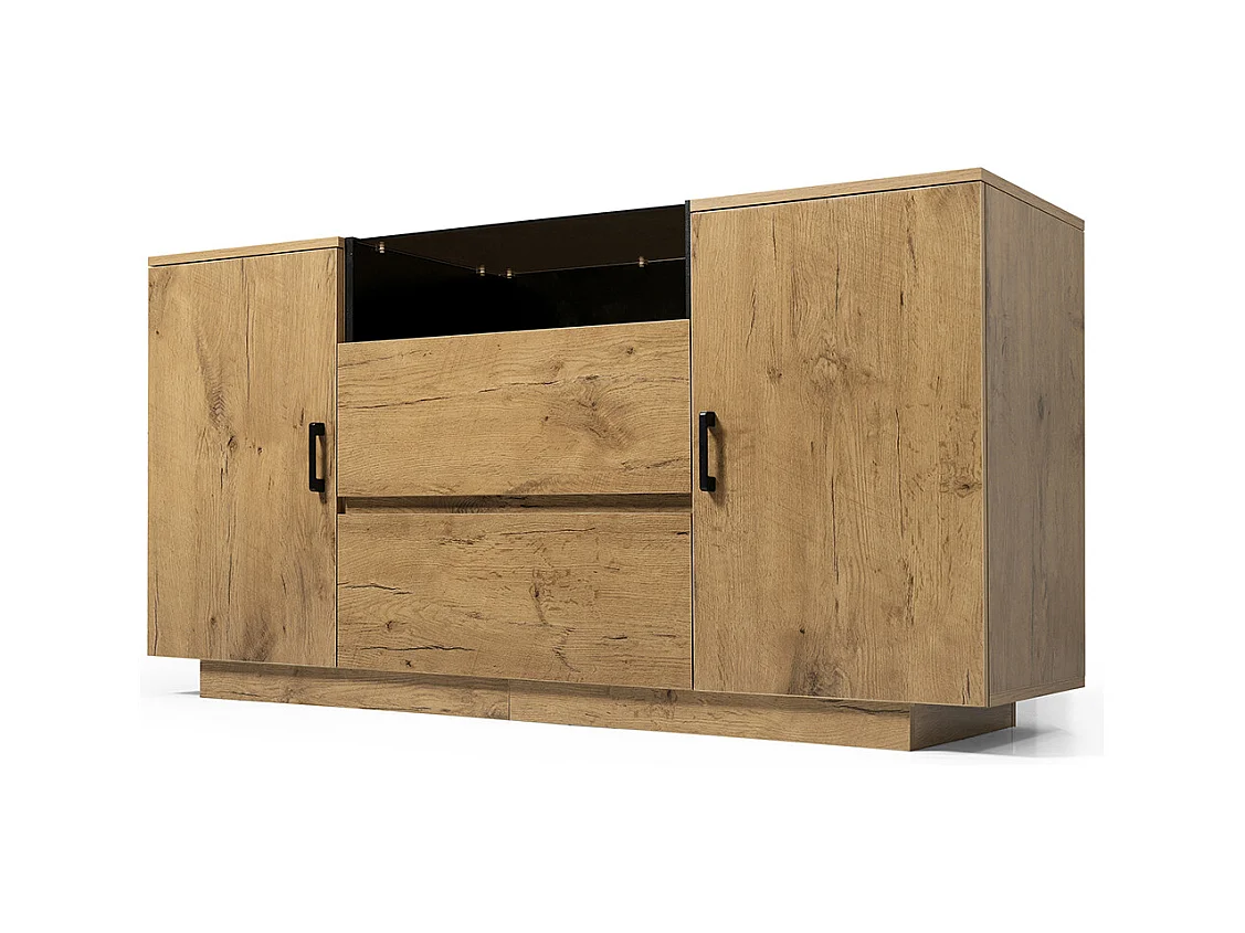 Buffet chêne 2 tiroirs 2 armoires réglables hauteur compartiment ouvert verre ESG poignées noires