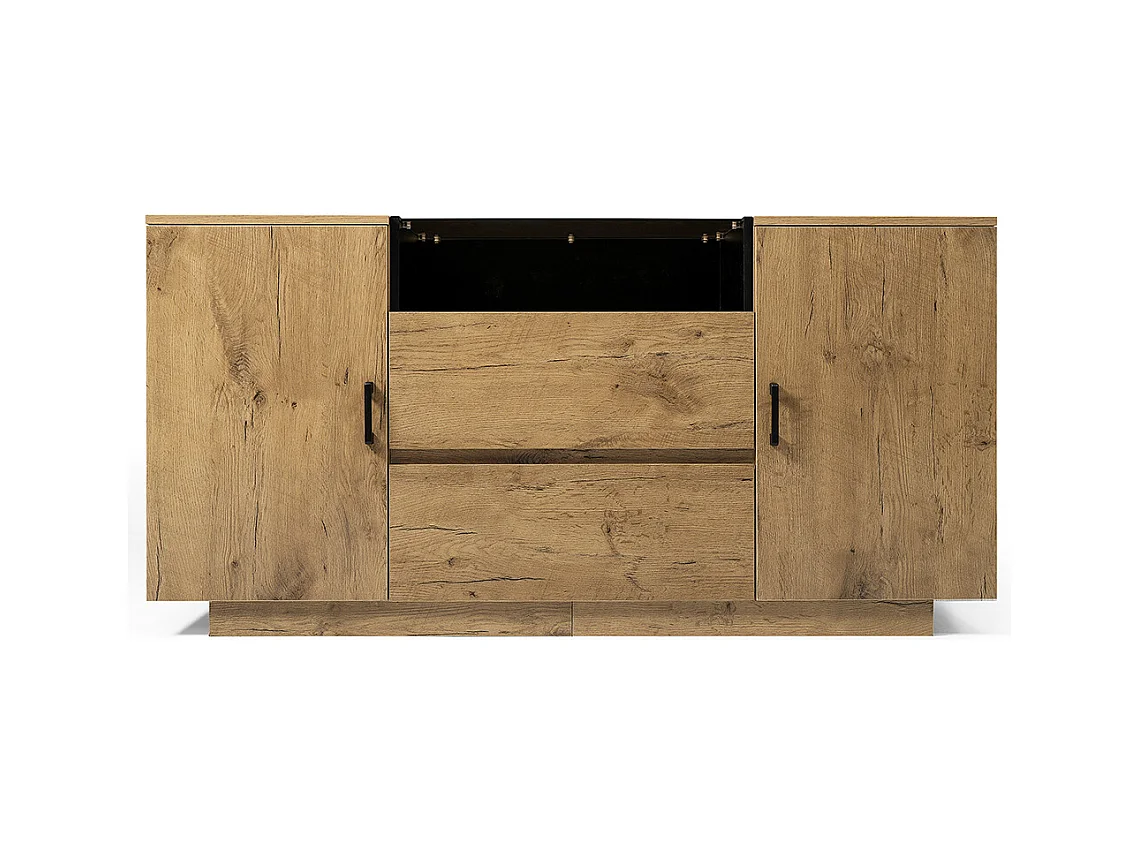 Buffet chêne 2 tiroirs 2 armoires réglables hauteur compartiment ouvert verre ESG poignées noires