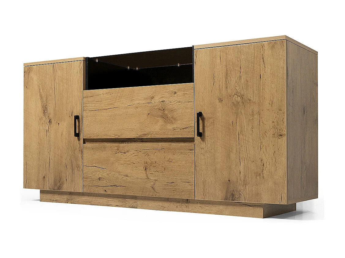 Buffet chêne 2 tiroirs 2 armoires réglables hauteur compartiment ouvert verre ESG poignées noires