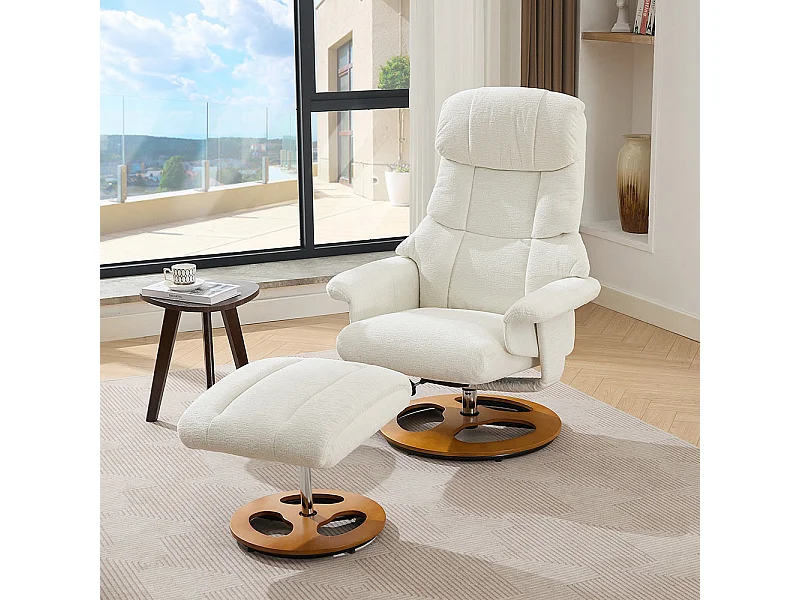 Fauteuil relax massage chauffant inclinable repose-pieds pivotant 360° chenille blanc