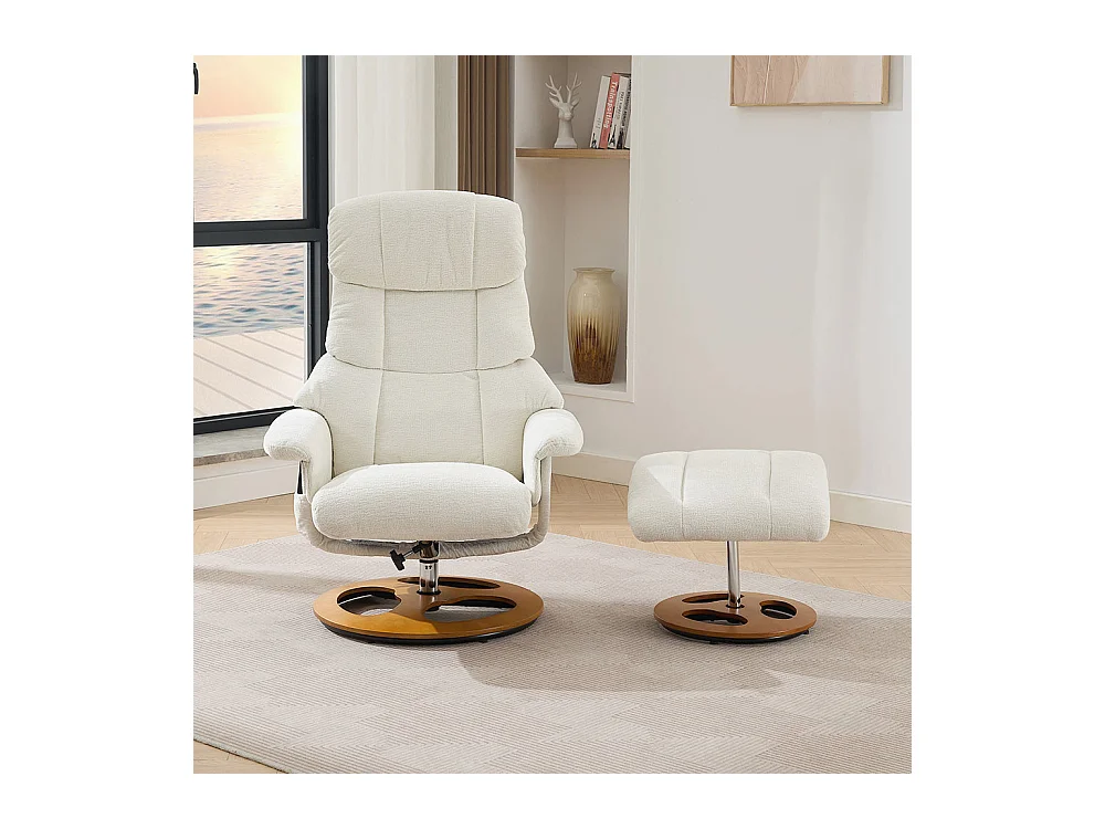 Fauteuil relax massage chauffant inclinable repose-pieds pivotant 360° chenille blanc