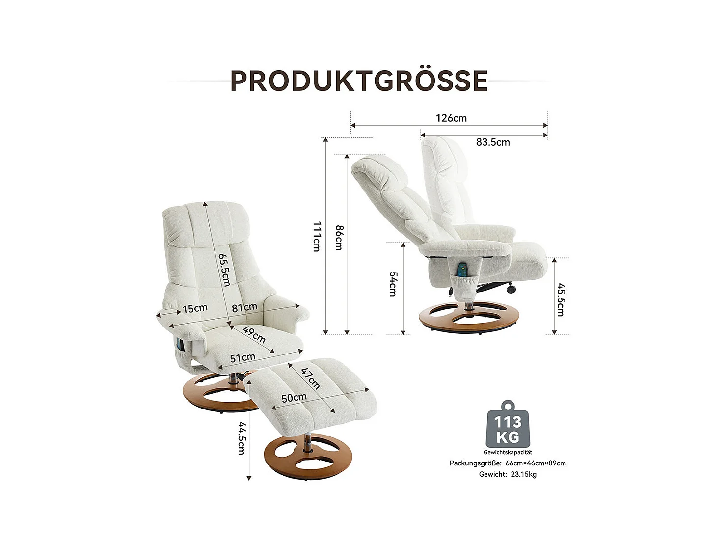 Fauteuil relax massage chauffant inclinable repose-pieds pivotant 360° chenille blanc