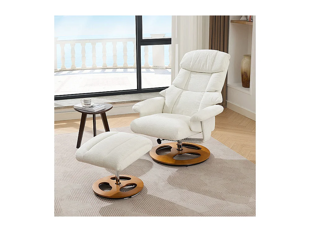 Fauteuil relax massage chauffant inclinable repose-pieds pivotant 360° chenille blanc