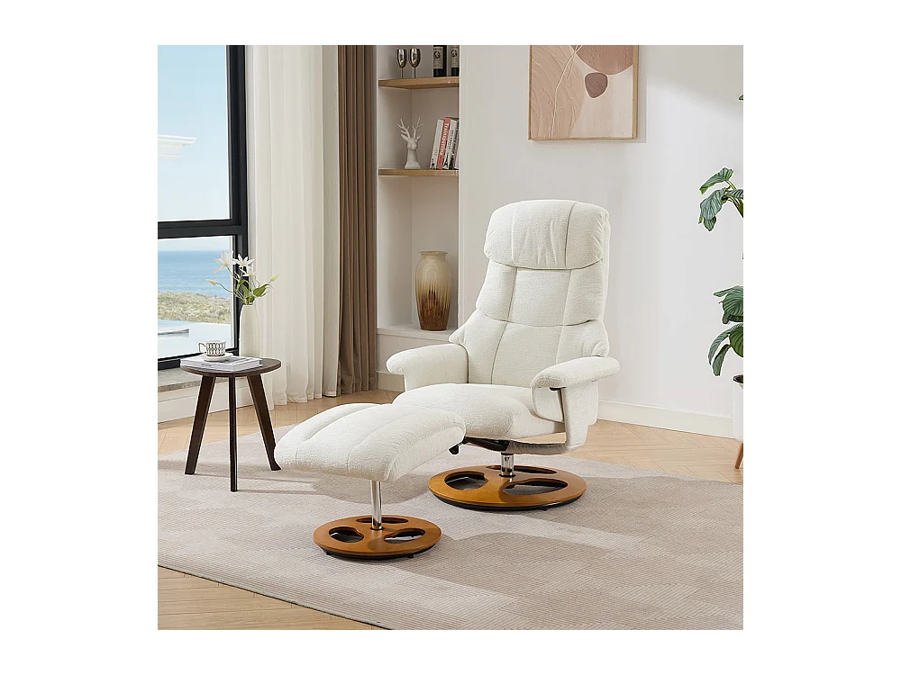 Fauteuil relax massage chauffant inclinable repose-pieds pivotant 360° chenille blanc
