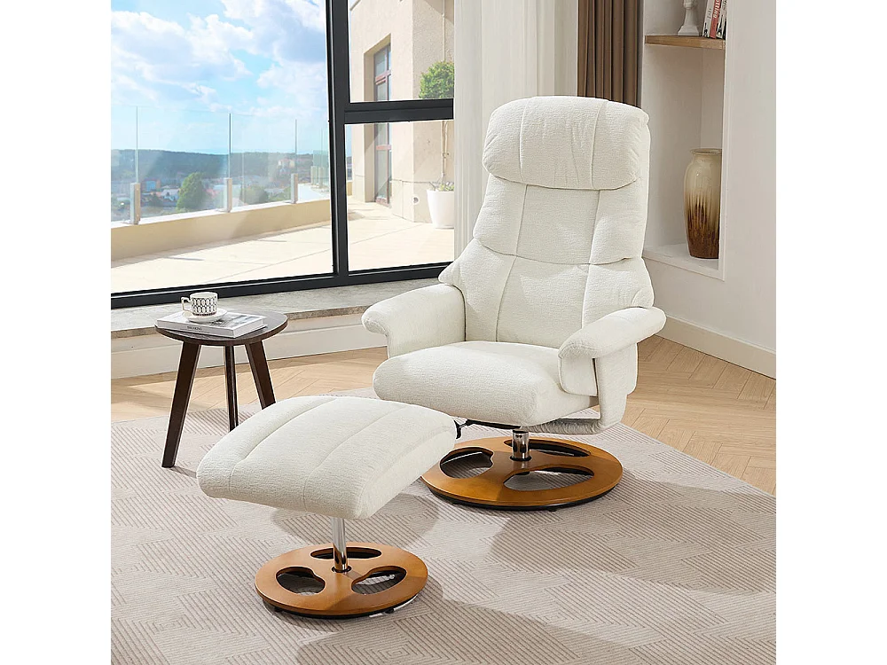 Fauteuil relax massage chauffant inclinable repose-pieds pivotant 360° chenille blanc