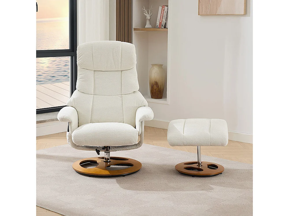 Fauteuil relax massage chauffant inclinable repose-pieds pivotant 360° chenille blanc