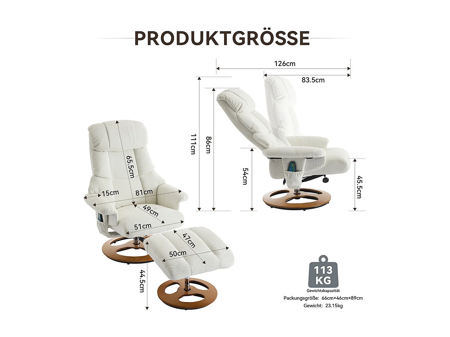 Fauteuil relax massage chauffant inclinable repose-pieds pivotant 360° chenille blanc