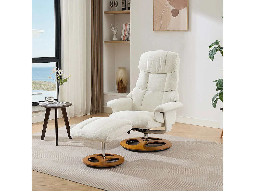 Fauteuil relax massage chauffant inclinable repose-pieds pivotant 360° chenille blanc