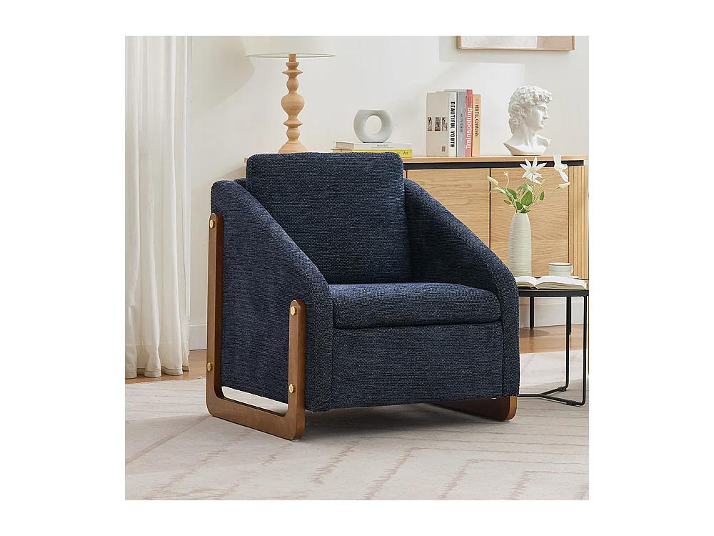 Fauteuil appoint salon lounge moderne accoudoirs bois coussin dossier tissu chenille bleu lot 1