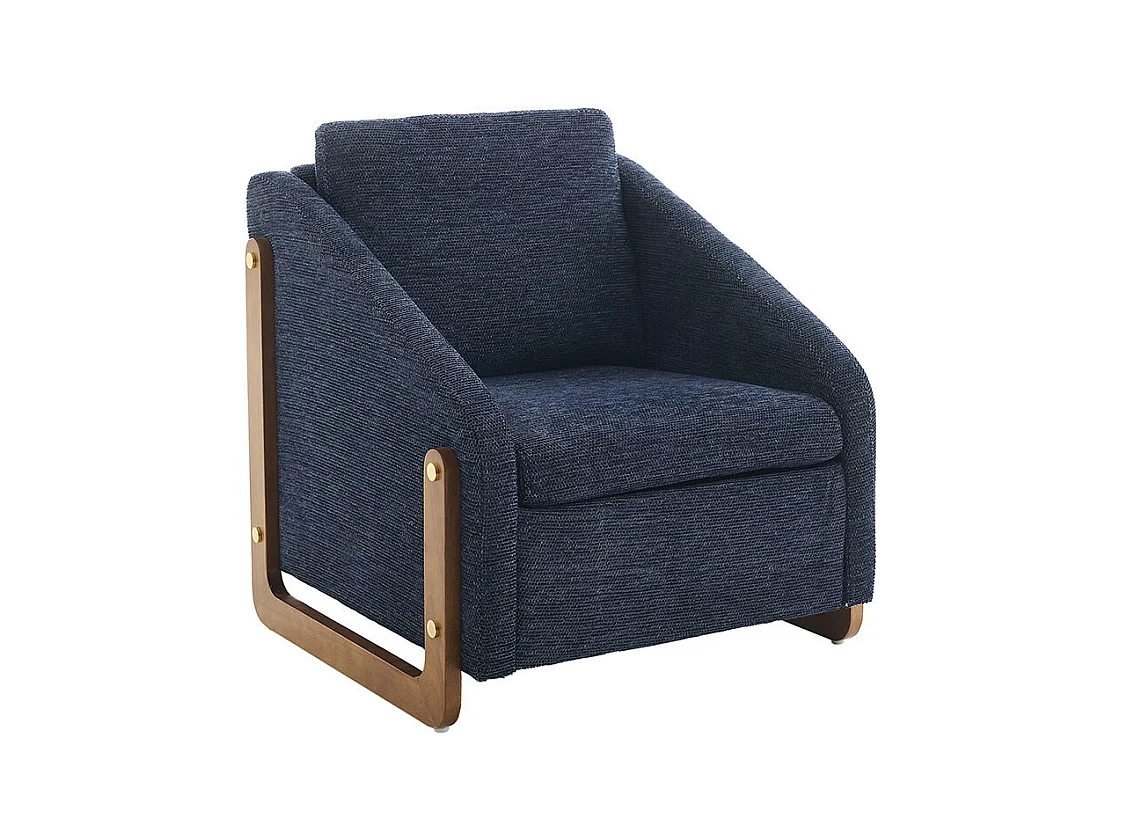 Fauteuil appoint salon lounge moderne accoudoirs bois coussin dossier tissu chenille bleu lot 1